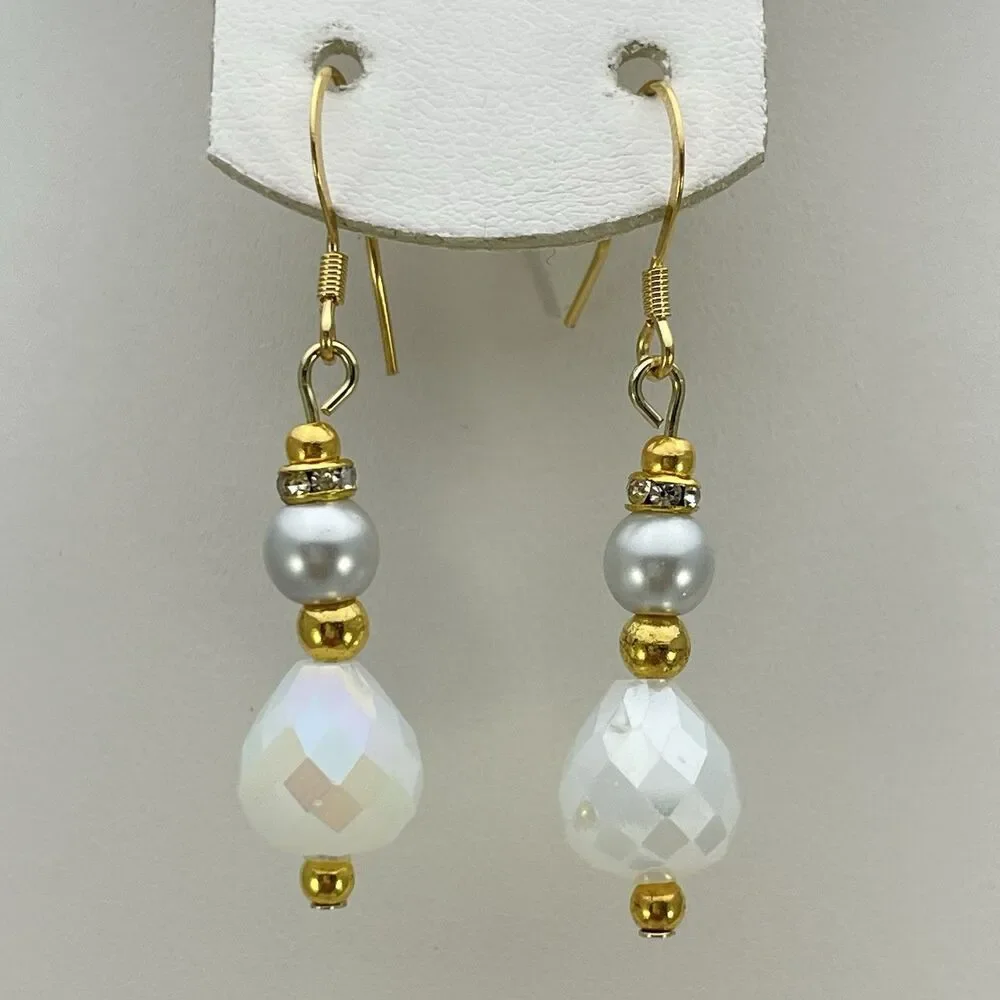 18K Gold Plated White Teardrop Glass Silver Glass Pearl Beaded Dangle Earrings